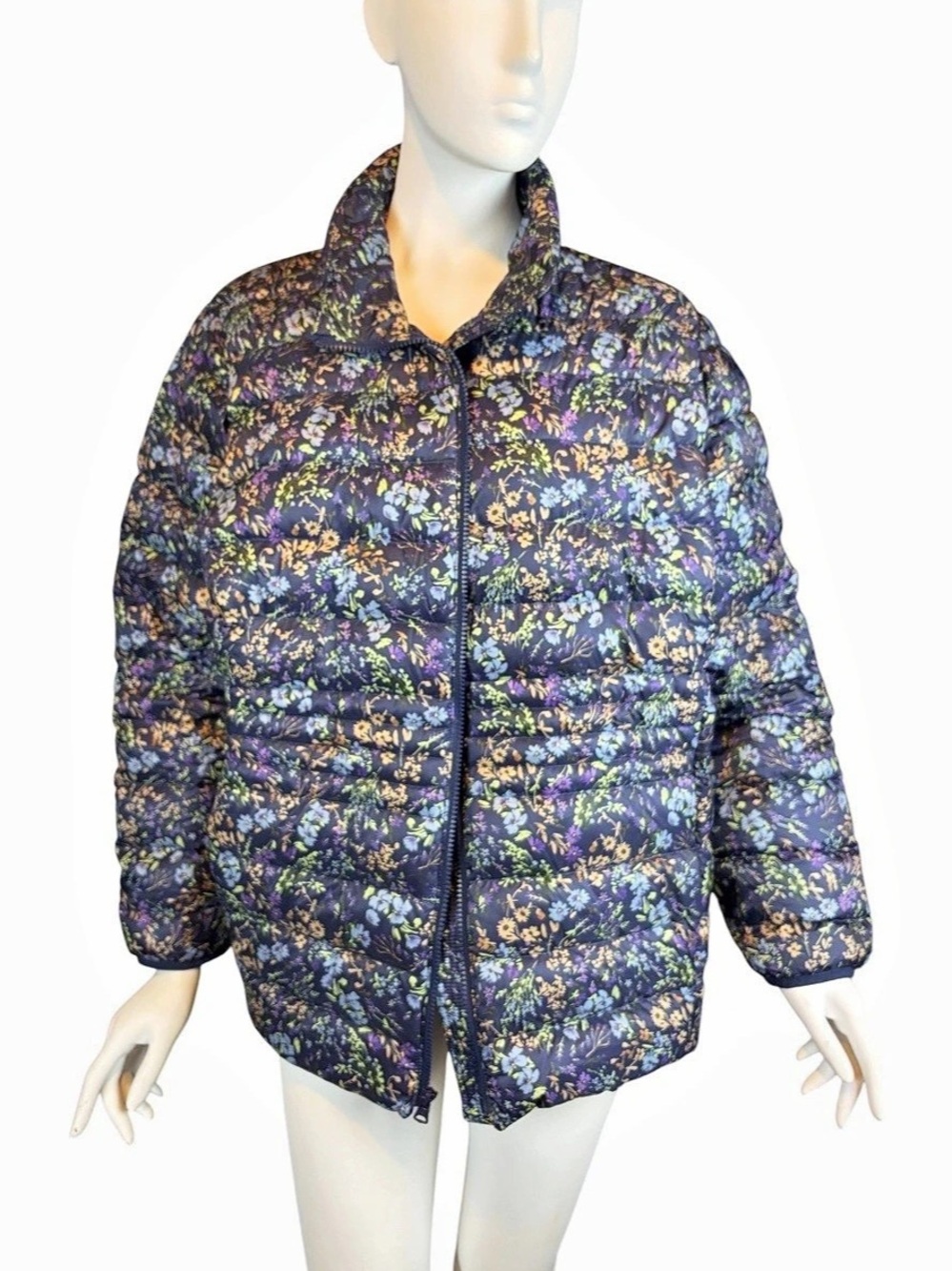 Lands' End Women's Size 1X 16W 18W Blue Floral Quilted Down Puffer Jacket